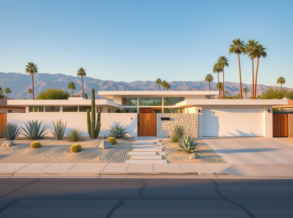 Midcentury modern home exterior with desert landscaping in Palm Springs