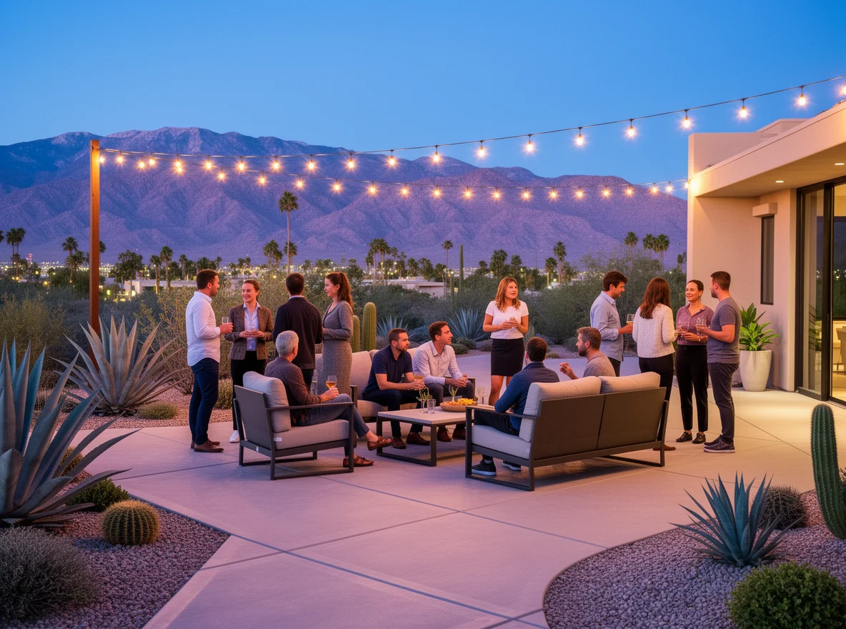 Outdoor patio gathering at dusk with mountain views in Palm Springs