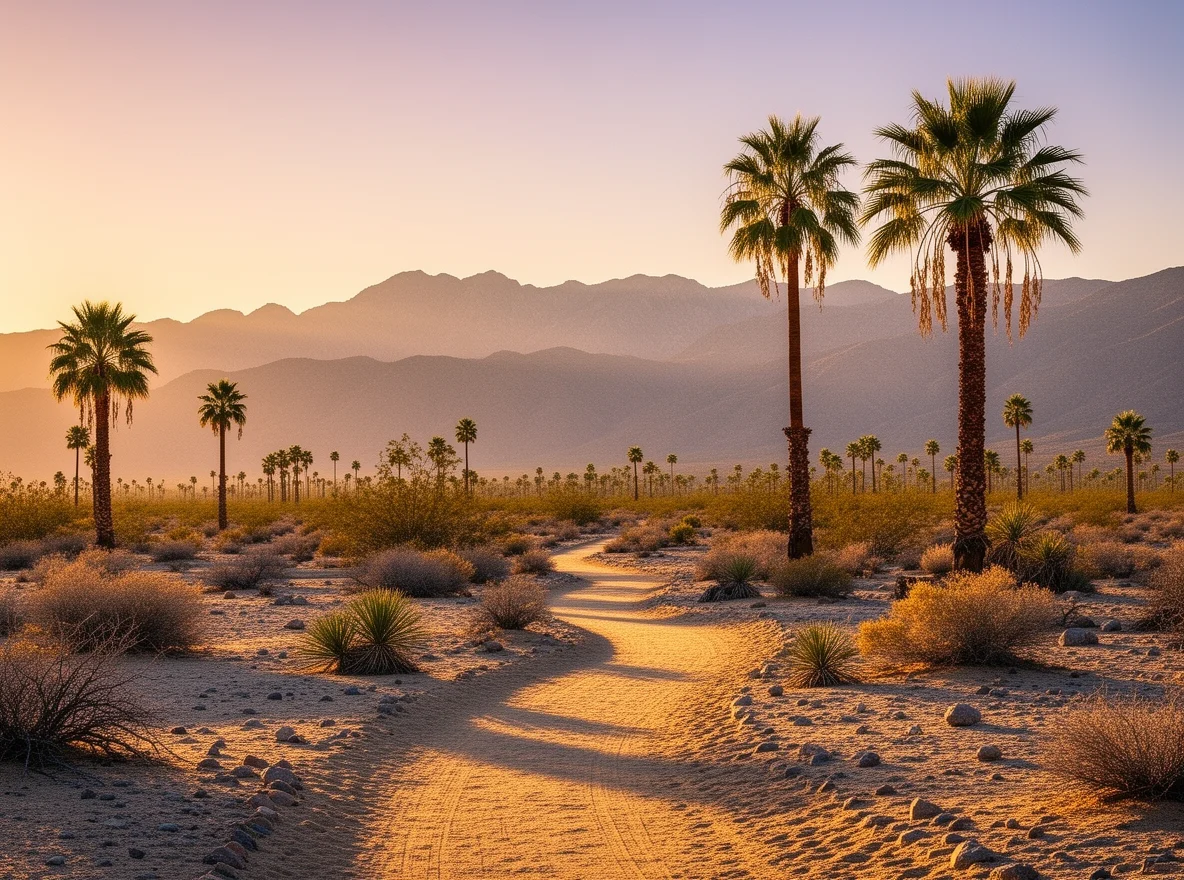 Desert landscape at golden hour with mountain backdrop in Palm Desert