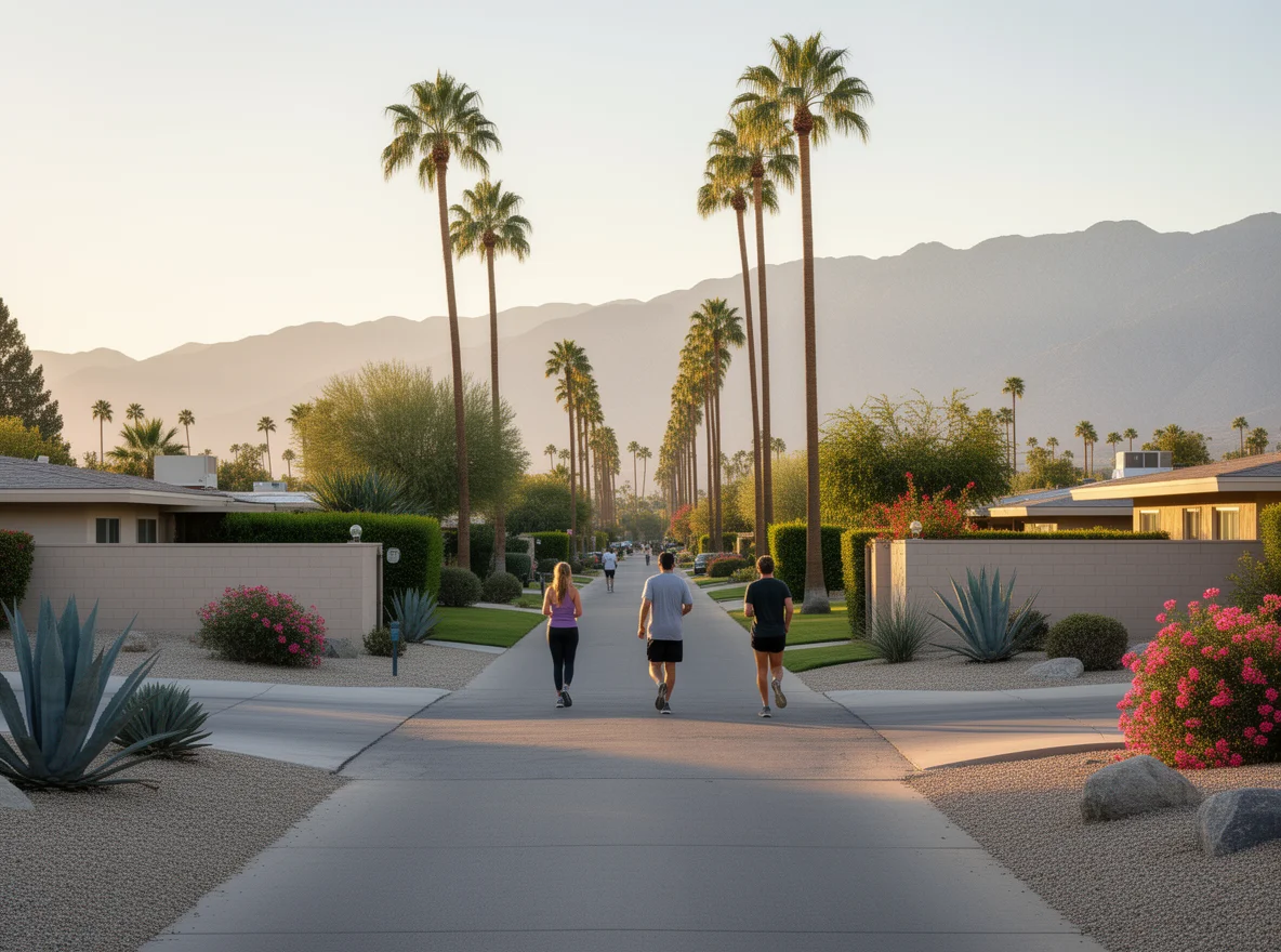 Morning walk on a palm-lined street in Palm Springs