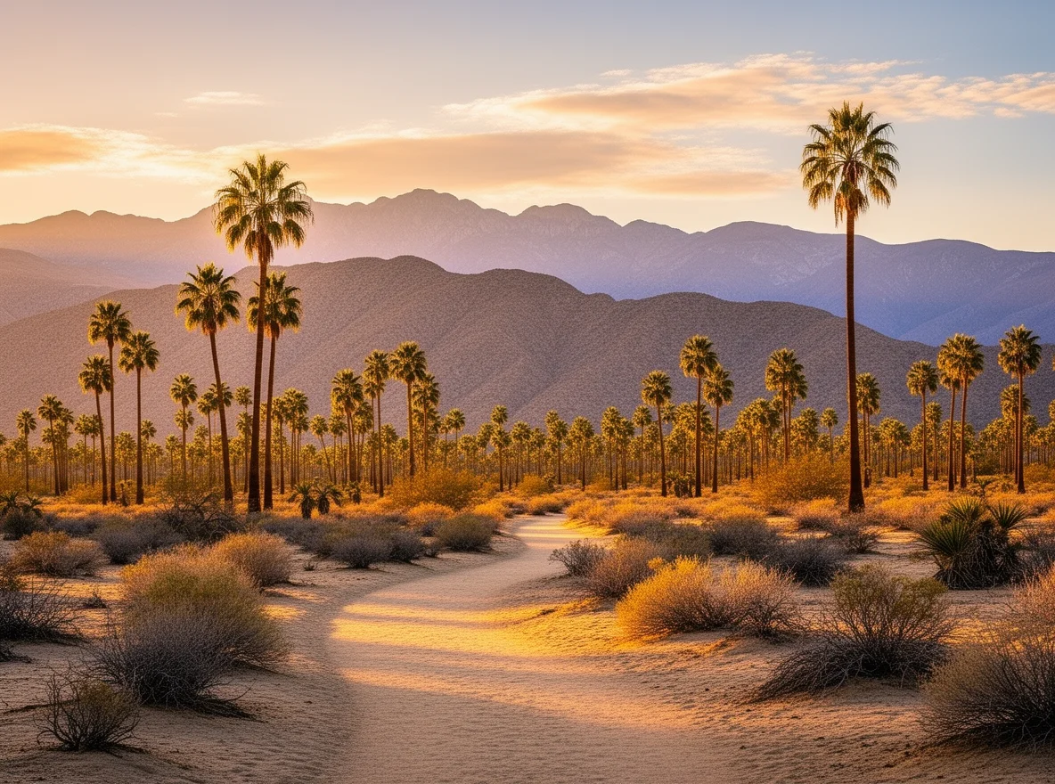 Desert mountain views and palms in Cathedral City
