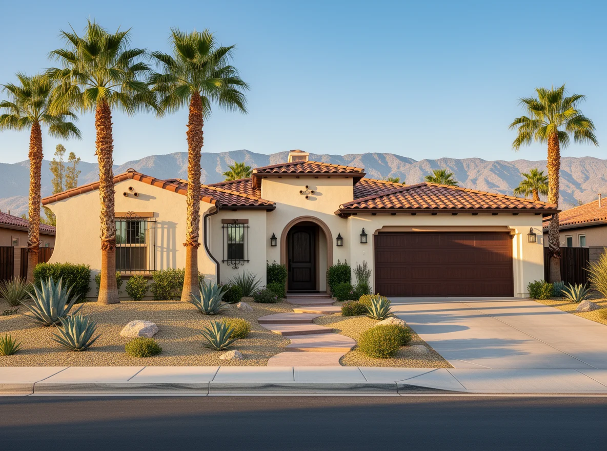 Spanish-style desert home with stucco and desert landscaping in La Quinta