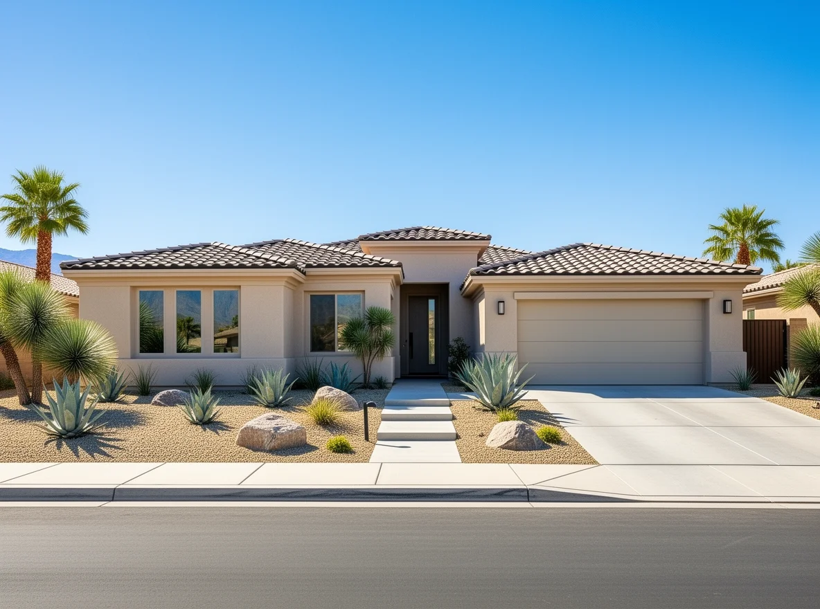 Desert contemporary home exterior with drought-tolerant landscaping in Palm Desert, California