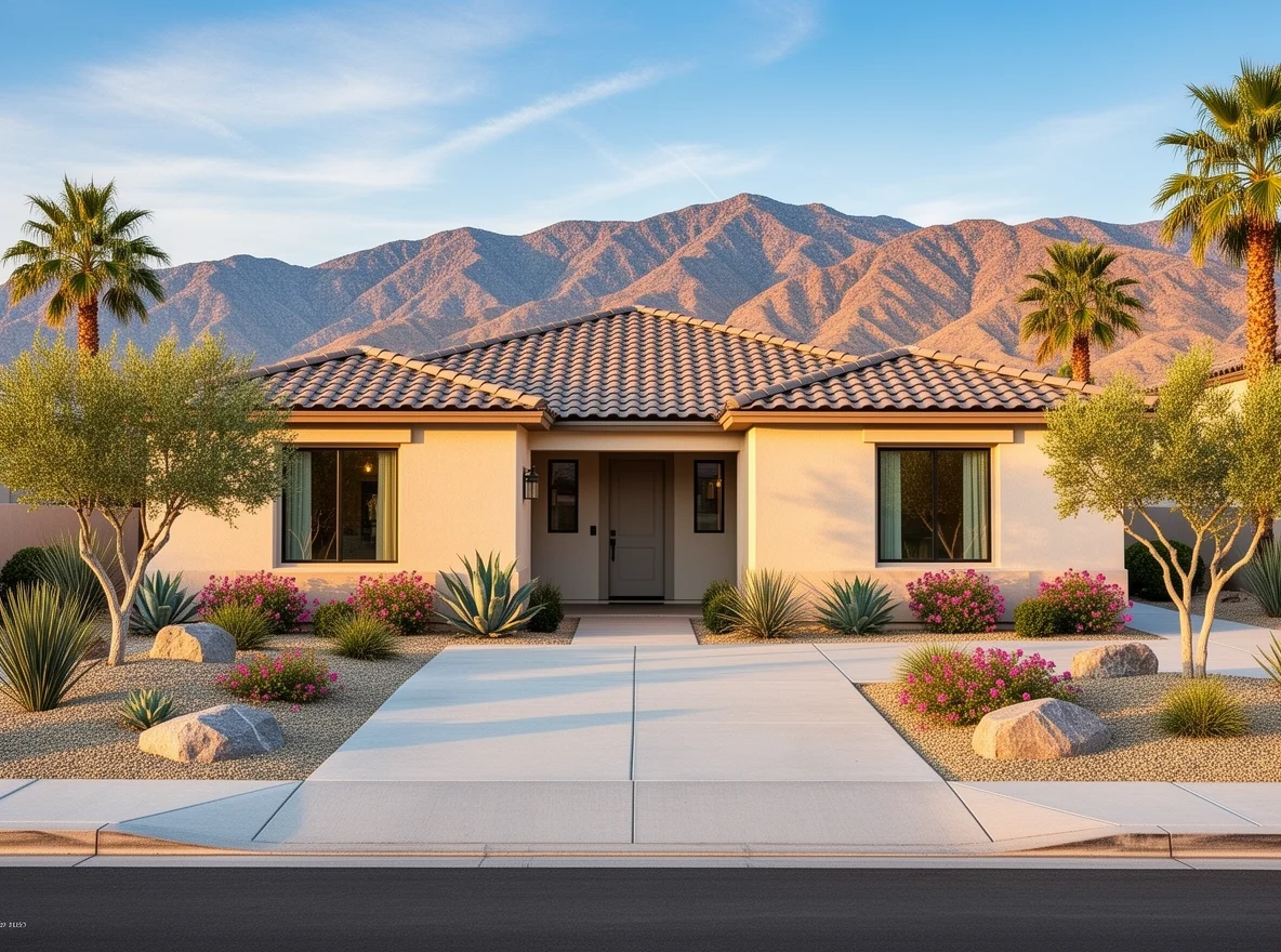 La Quinta single-story home with desert landscaping and mountain views