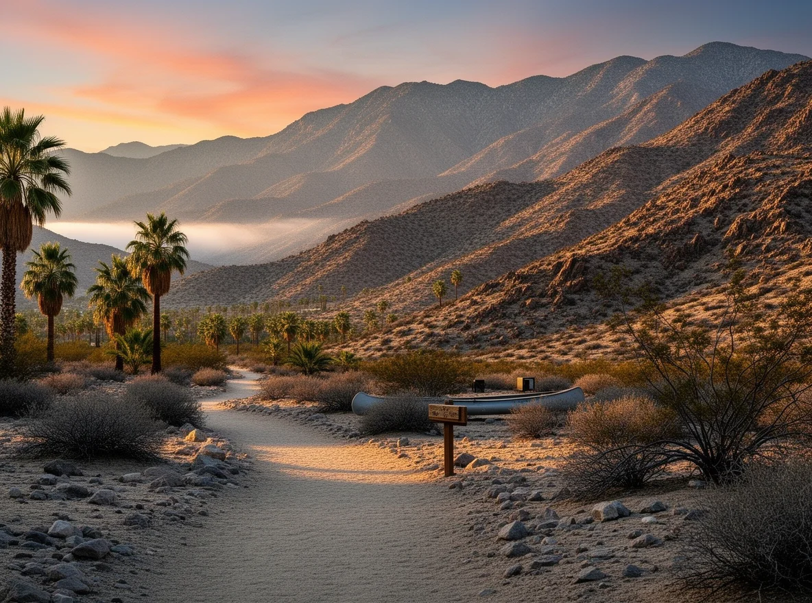 Santa Rosa Mountains backdrop above desert palms in La Quinta