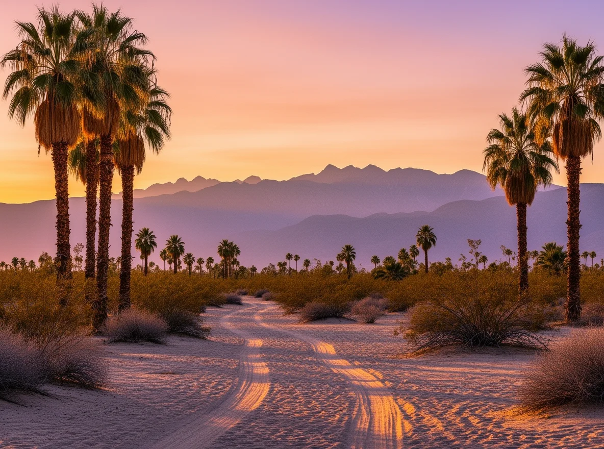 Desert sunset with palms and mountains in Cathedral City