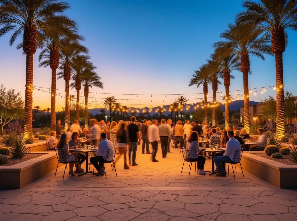Evening community gathering under string lights in Palm Desert