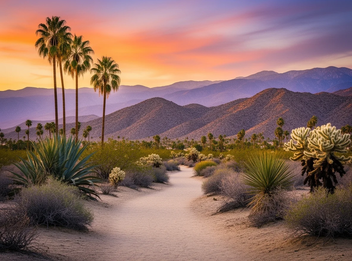 Desert mountains and palm trees at sunset in Palm Springs
