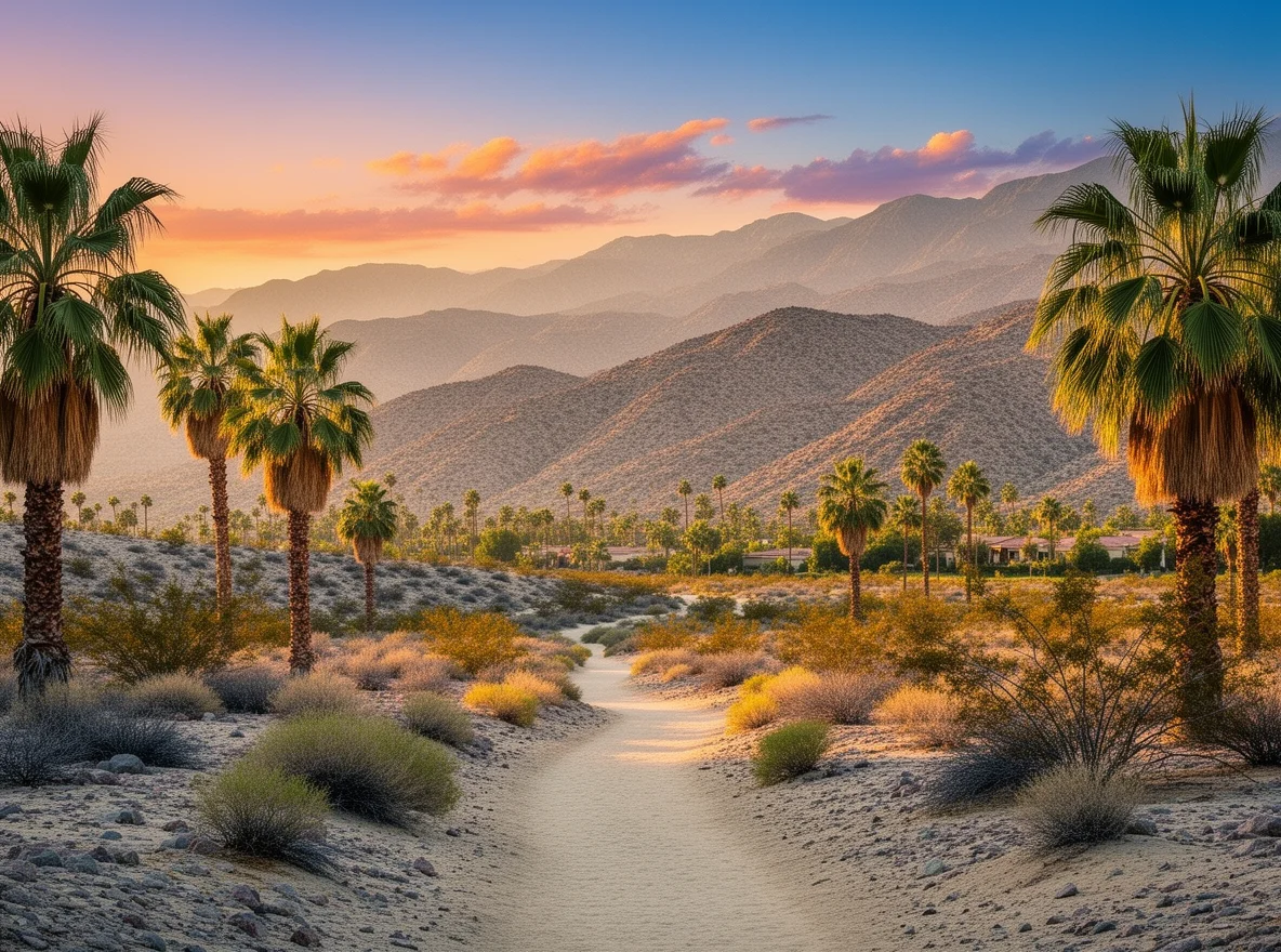 Desert mountains and palm trees at sunset in La Quinta