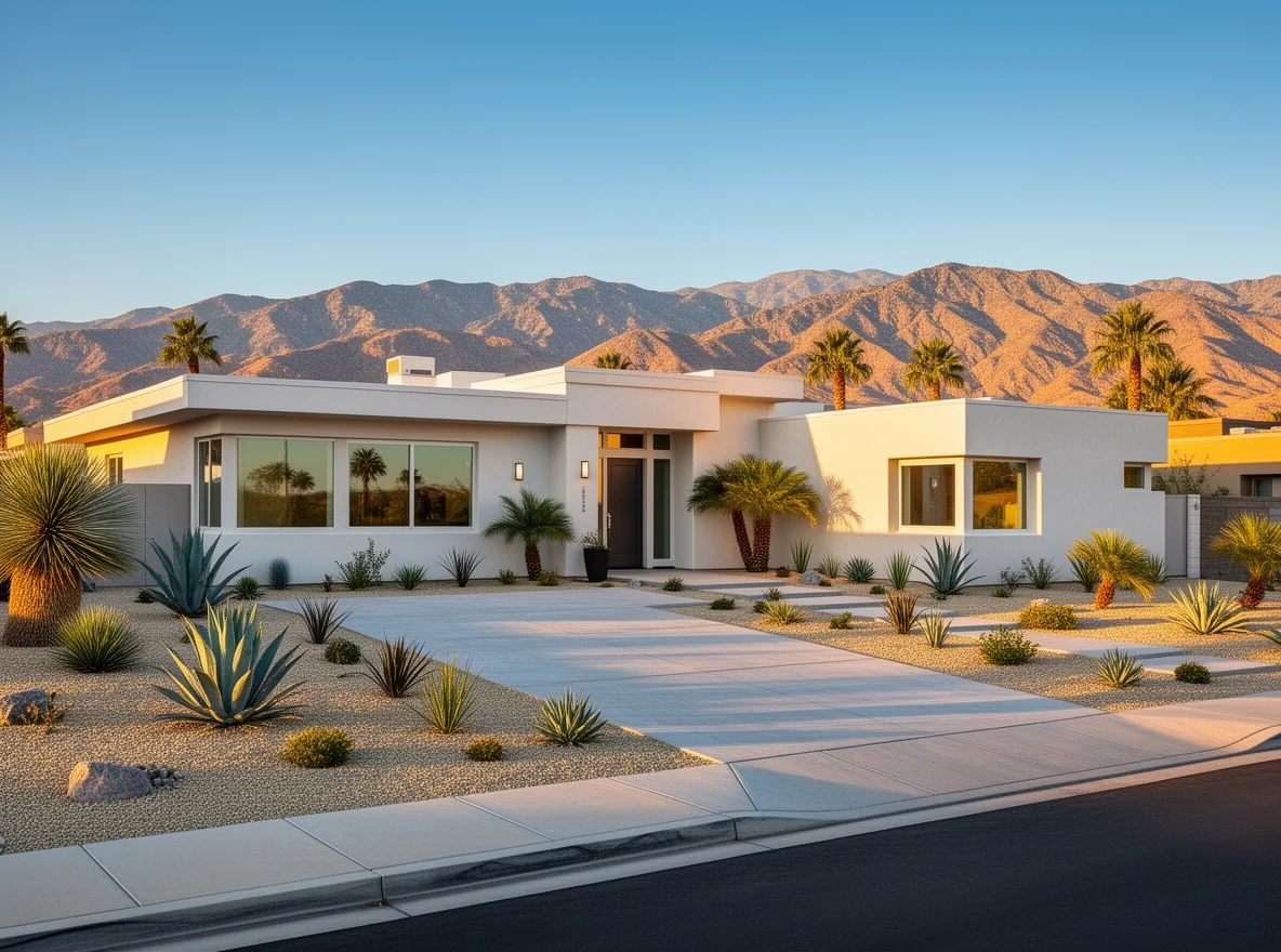Single-story desert home exterior with desert landscaping in Palm Desert