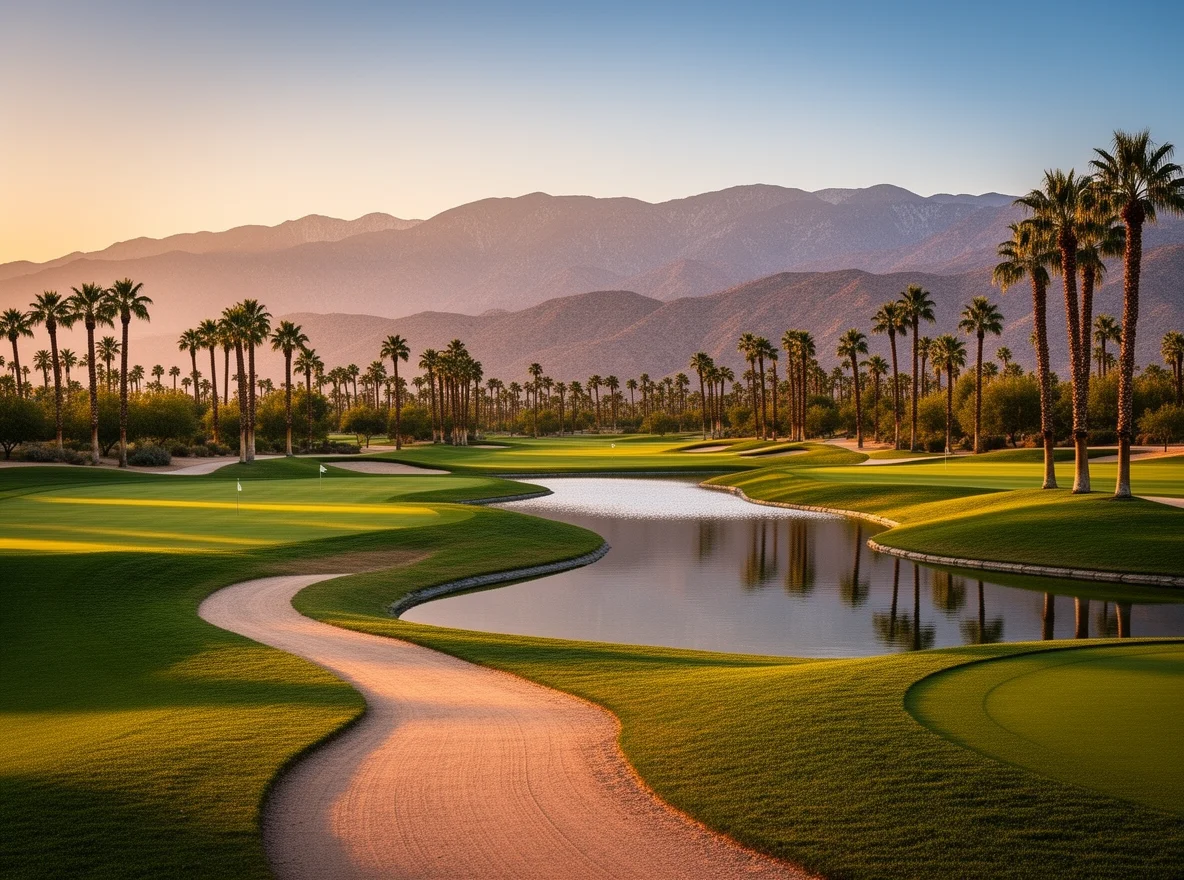 Desert mountains and palm-lined golf course landscape in Palm Desert, California
