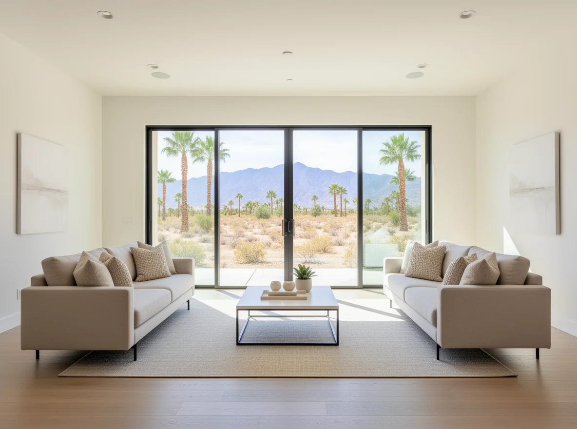 Staged desert-modern living room with sliding doors