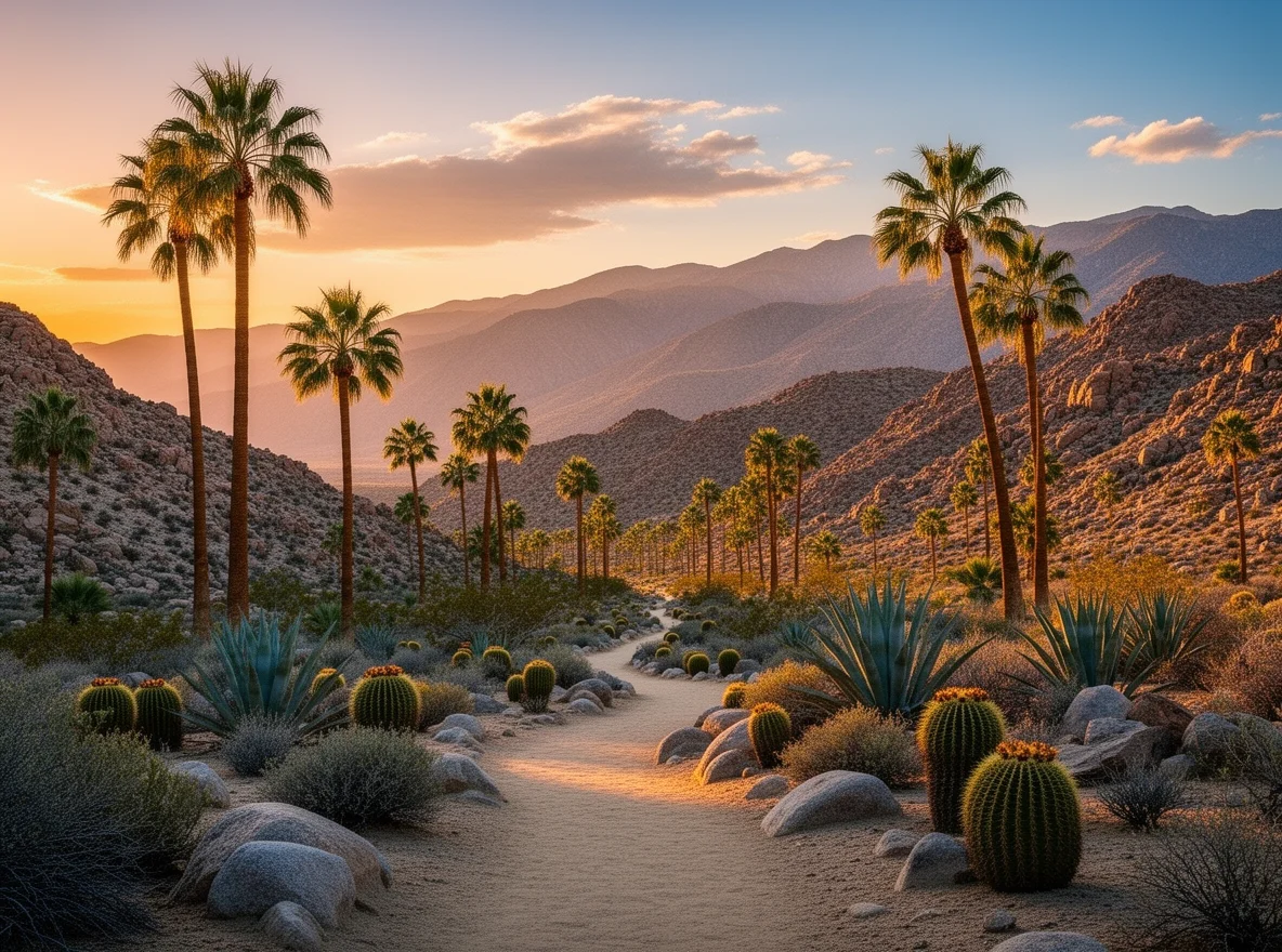 Sunset desert mountains and palms in Palm Springs