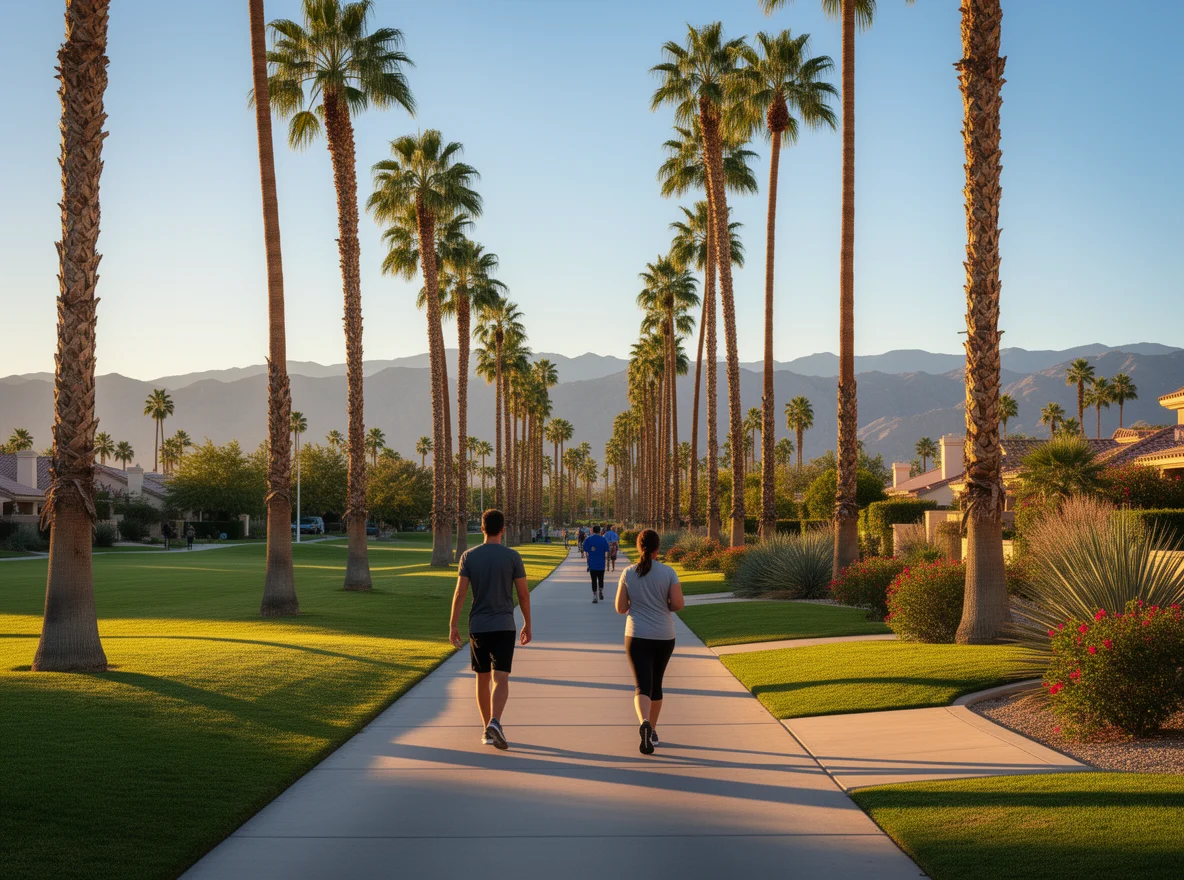 Palm-lined park path in Cathedral City neighborhood