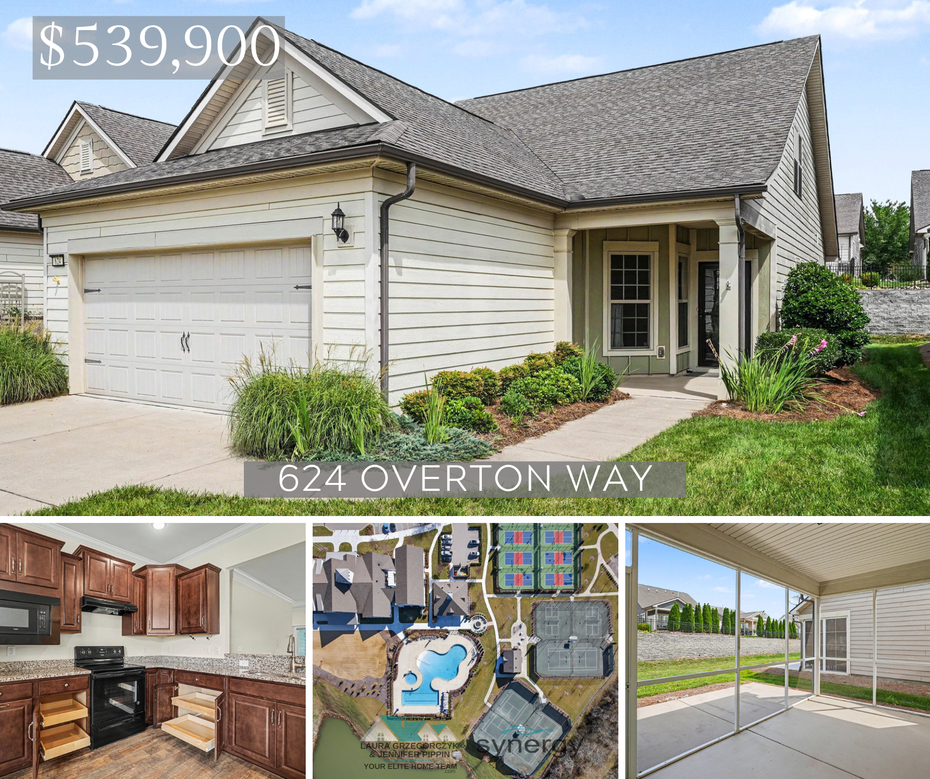 624 Overton Way Spring Hill TN 55+ Del Webb Home for Sale Exterior and interior photo collage of 624 Overton Way in Southern Springs, a 55+ Del Webb community in Spring Hill TN, showing the front of the home with two-car garage, kitchen with granite countertops and pull-out shelving, screened patio, and aerial view of community amenities including pickleball courts and pool, listed at $575,000 by Your Elite Home Team