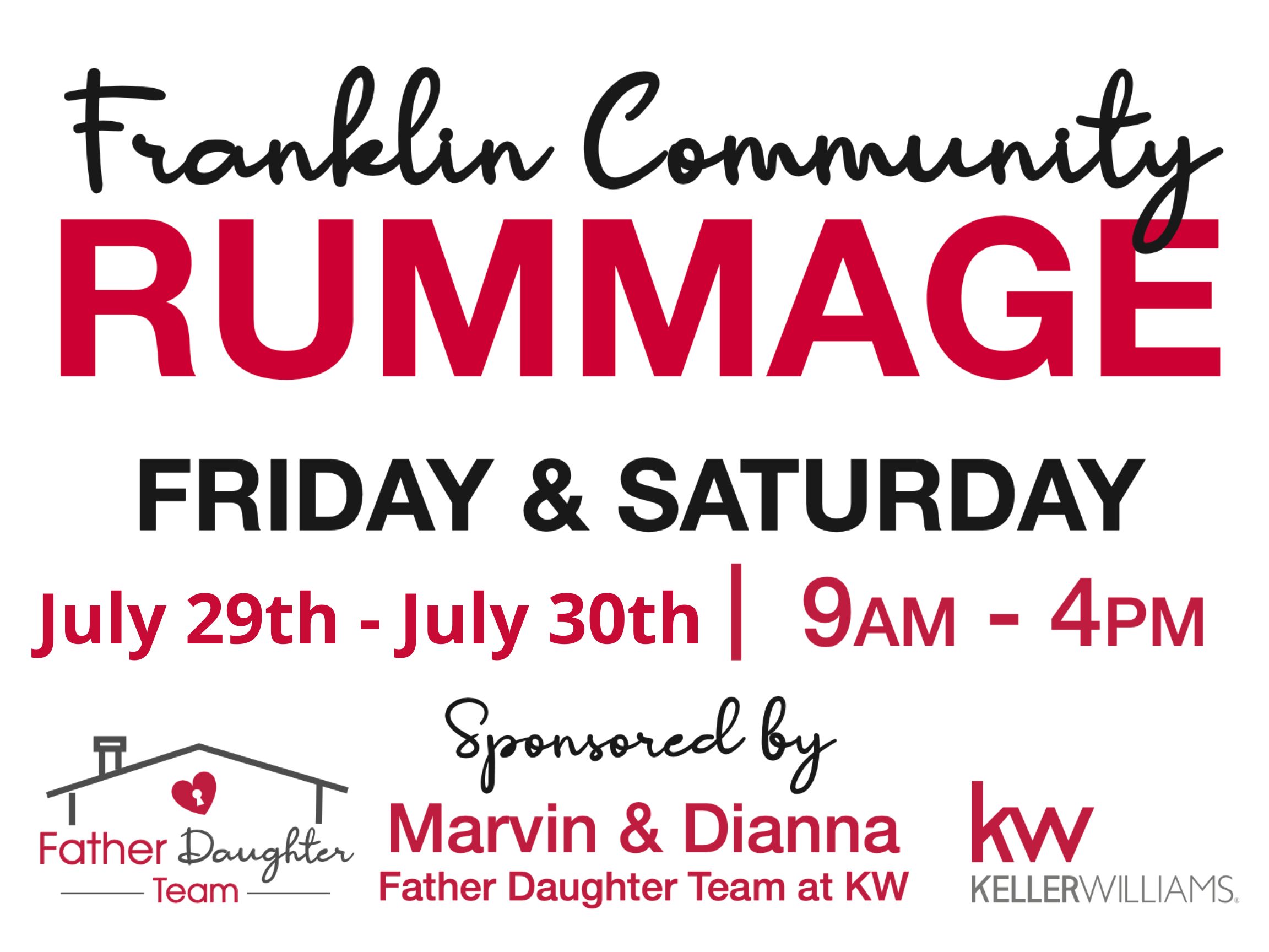 Franklin Community Rummage Friday, July 29, 2022 – Saturday, July 30, 2022 from 9am-4pm