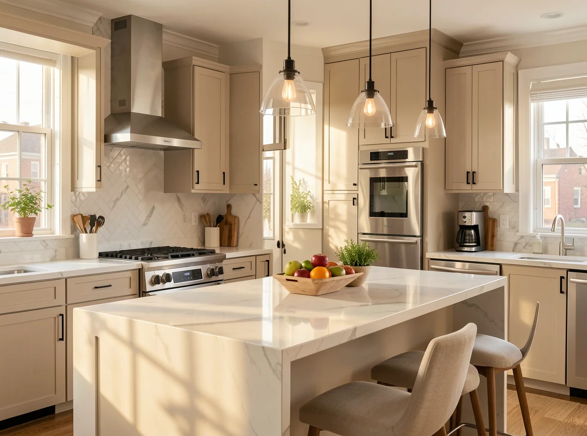 Bright kitchen representing budget planning and smart home buying decisions in Boston