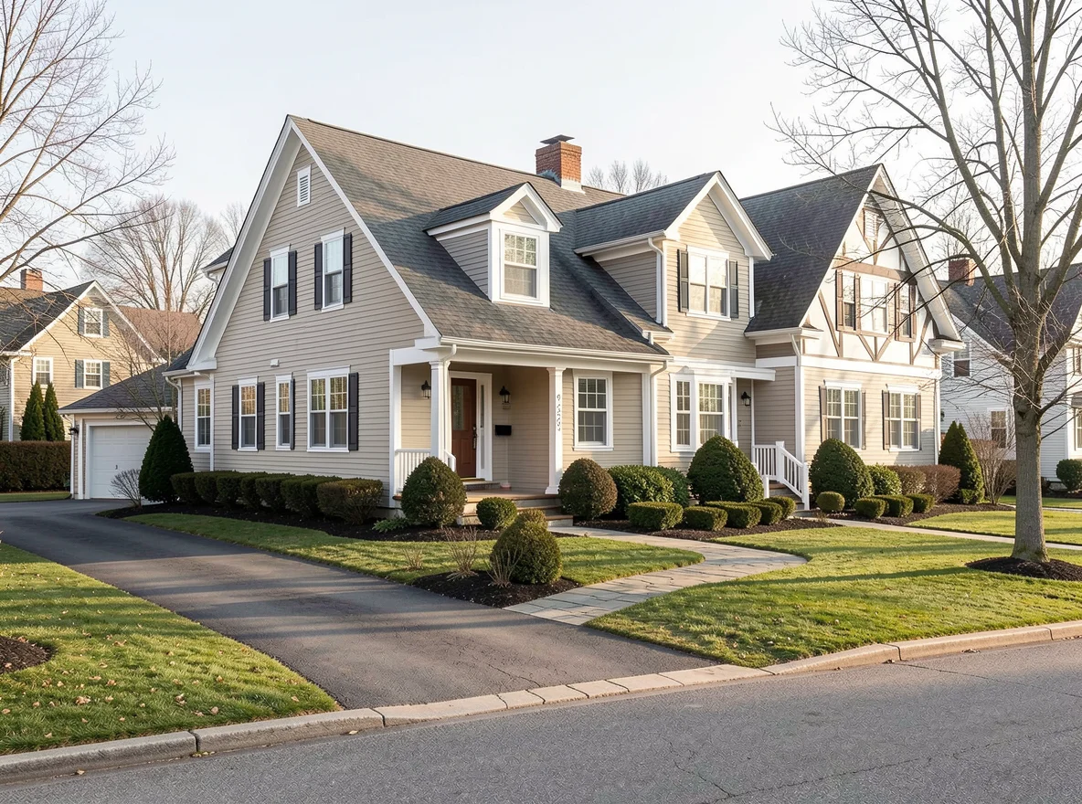 Greater Boston home exterior on a quiet residential street, illustrating the early home search and budgeting stage for local buyers