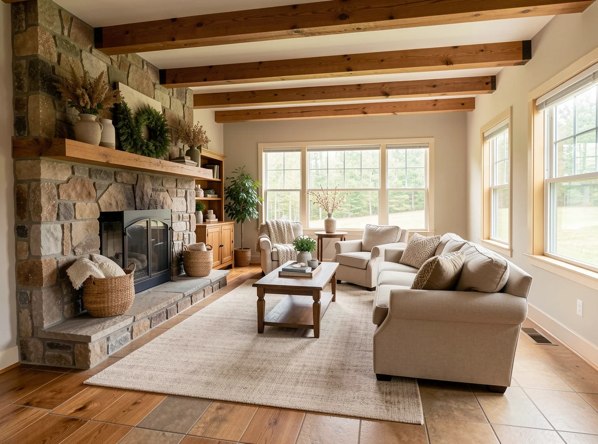 Warm Appalachian inspired living room with stone fireplace