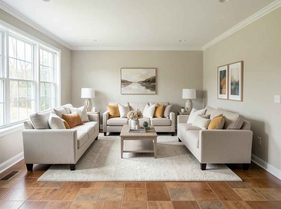 Staged living room with neutral finishes and bright light