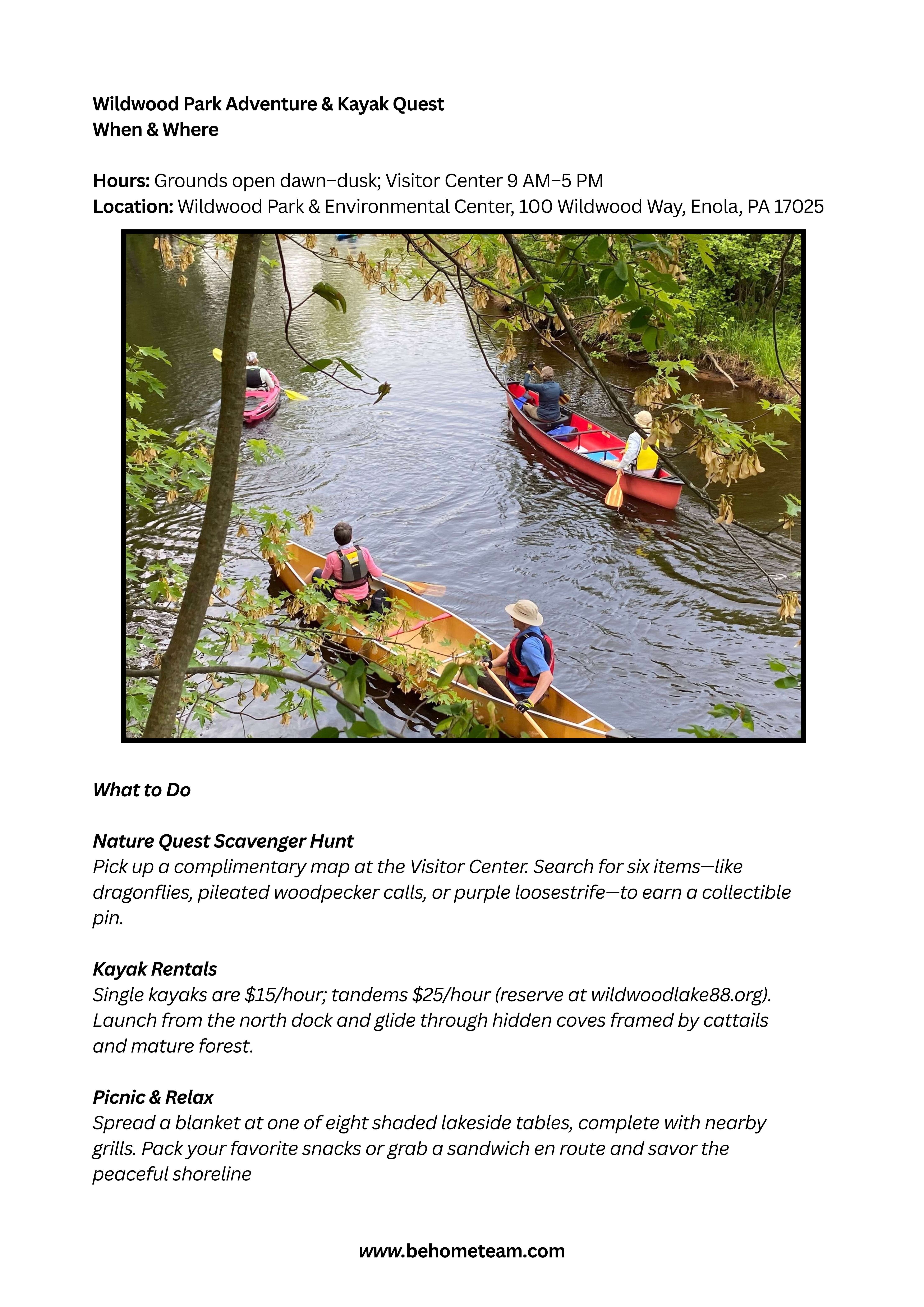 Summer in Central PA: Top Picks from The Ben Espenshade Team  Summer is the perfect time to explore all that Central Pennsylvania has to offer. From riverfront fireworks to nature quests and community fundraisers, there’s something for every taste—and every age. Here are our three favorite ways to soak up the season, plus a special fundraiser you won’t want to miss.  1. Friday Night Fireworks & Baseball on City Island When & Where  Dates: Every Friday in July & August  Location: FNB Field, City Island (1 Fritz Ave, Harrisburg, PA 17101)  Why Go  Double Feature: Enjoy a Harrisburg Senators baseball game (first pitch at 7:05 PM), then stick around for a 10-minute fireworks display lighting up the Susquehanna River.  Pre-Game Fun: Arrive by 6 PM to stroll the scenic Riverfront Trail, grab a soft pretzel or lemonade from weekend pop-ups, or challenge the kids to mini-golf on City Island. Paddleboat rentals are right there for a few spins around the water before sunset.  Money-Saving Tip: Download the Senators app for $1 off general-admission tickets and check for special “Dollar Dog” and drink nights.  2. Wildwood Park Adventure & Kayak Quest When & Where  Hours: Grounds open dawn–dusk; Visitor Center 9 AM–5 PM  Location: Wildwood Park & Environmental Center, 100 Wildwood Way, Enola, PA 17025  What to Do  Nature Quest Scavenger Hunt  Pick up a complimentary map at the Visitor Center. Search for six items—like dragonflies, pileated woodpecker calls, or purple loosestrife—to earn a collectible pin.  Kayak Rentals  Single kayaks are $15/hour; tandems $25/hour (reserve at wildwoodlake88.org). Launch from the north dock and glide through hidden coves framed by cattails and mature forest.  Picnic & Relax  Spread a blanket at one of eight shaded lakeside tables, complete with nearby grills. Pack your favorite snacks or grab a sandwich en route and savor the peaceful shoreline.