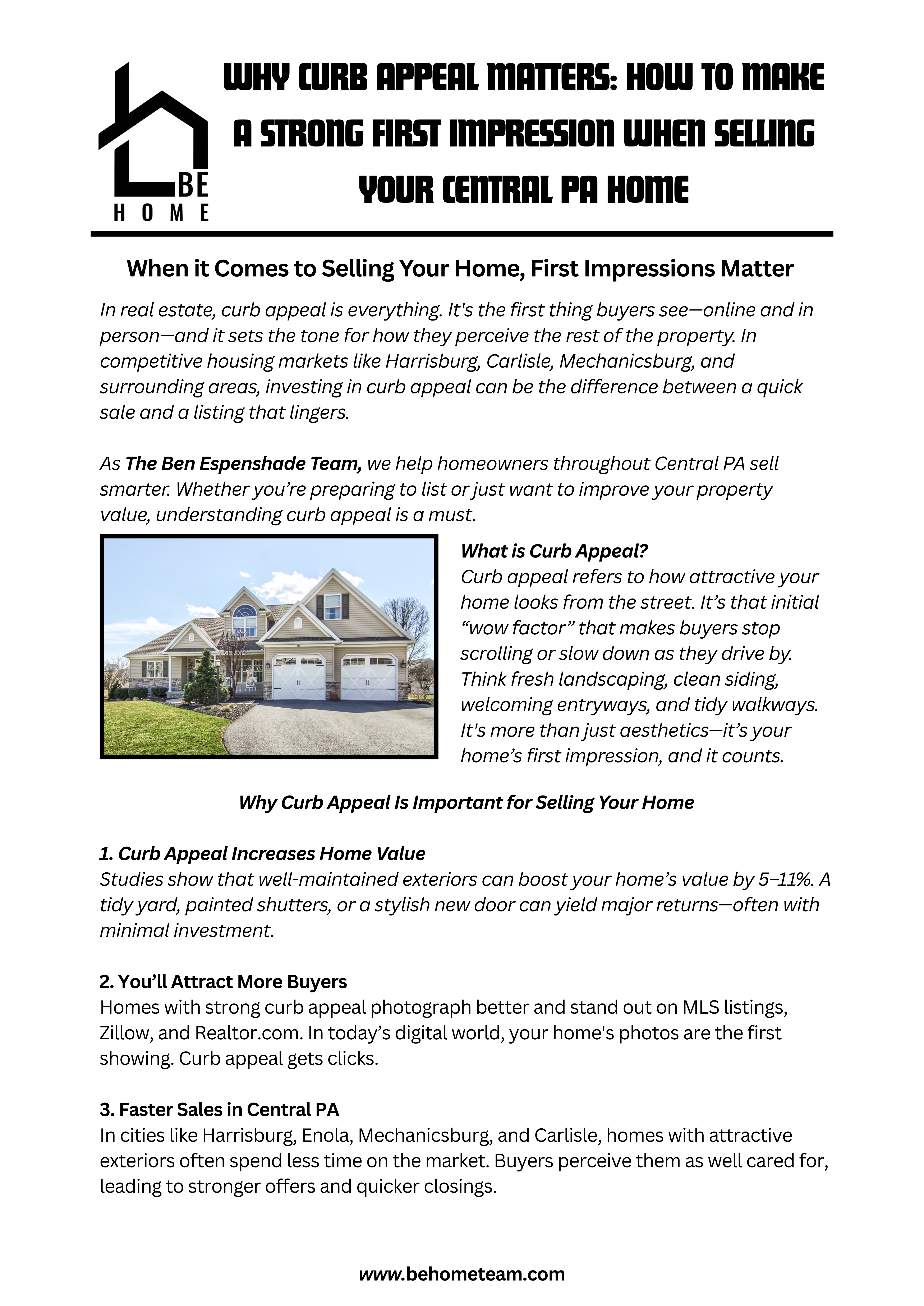 Boost your home’s value and sell faster in Central PA with these top curb appeal tips from The Ben Espenshade Team.