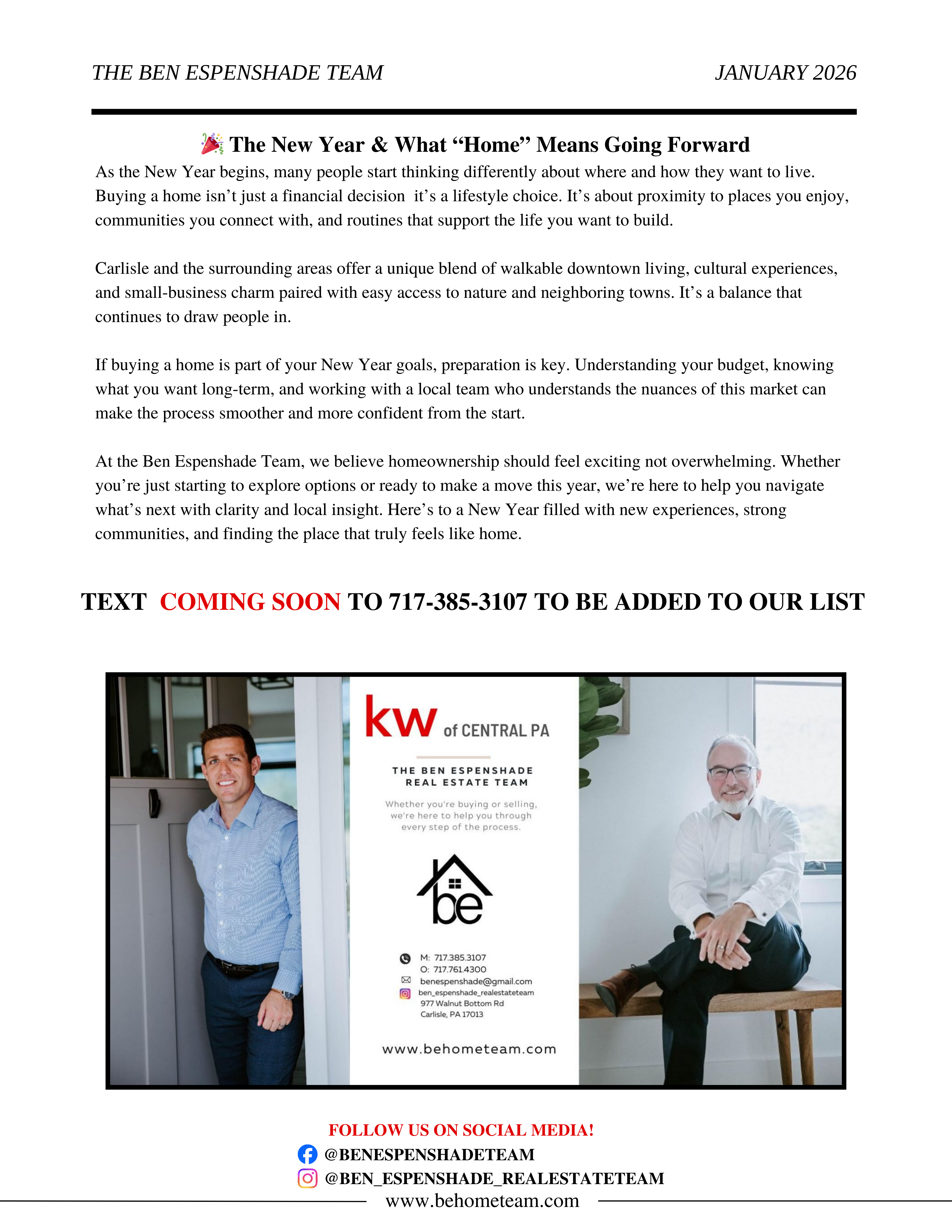 January 2026 blog feature from The Ben Espenshade Team discussing what home means in the New Year, focusing on lifestyle, community, and homeownership in Carlisle and Central Pennsylvania.