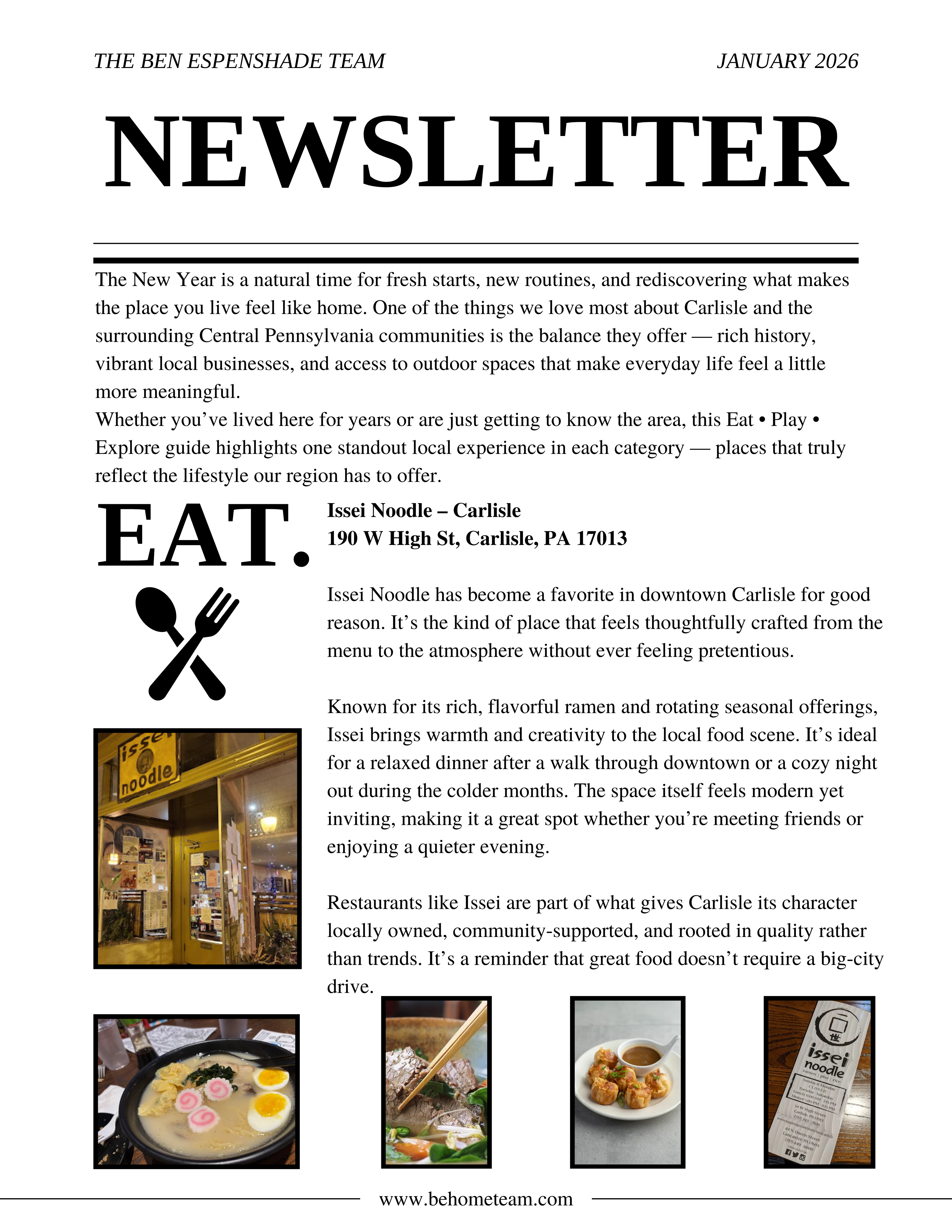 January 2026 Eat Play Explore newsletter from The Ben Espenshade Team featuring Issei Noodle, a popular ramen restaurant in downtown Carlisle, Pennsylvania, highlighting local dining and community lifestyle.