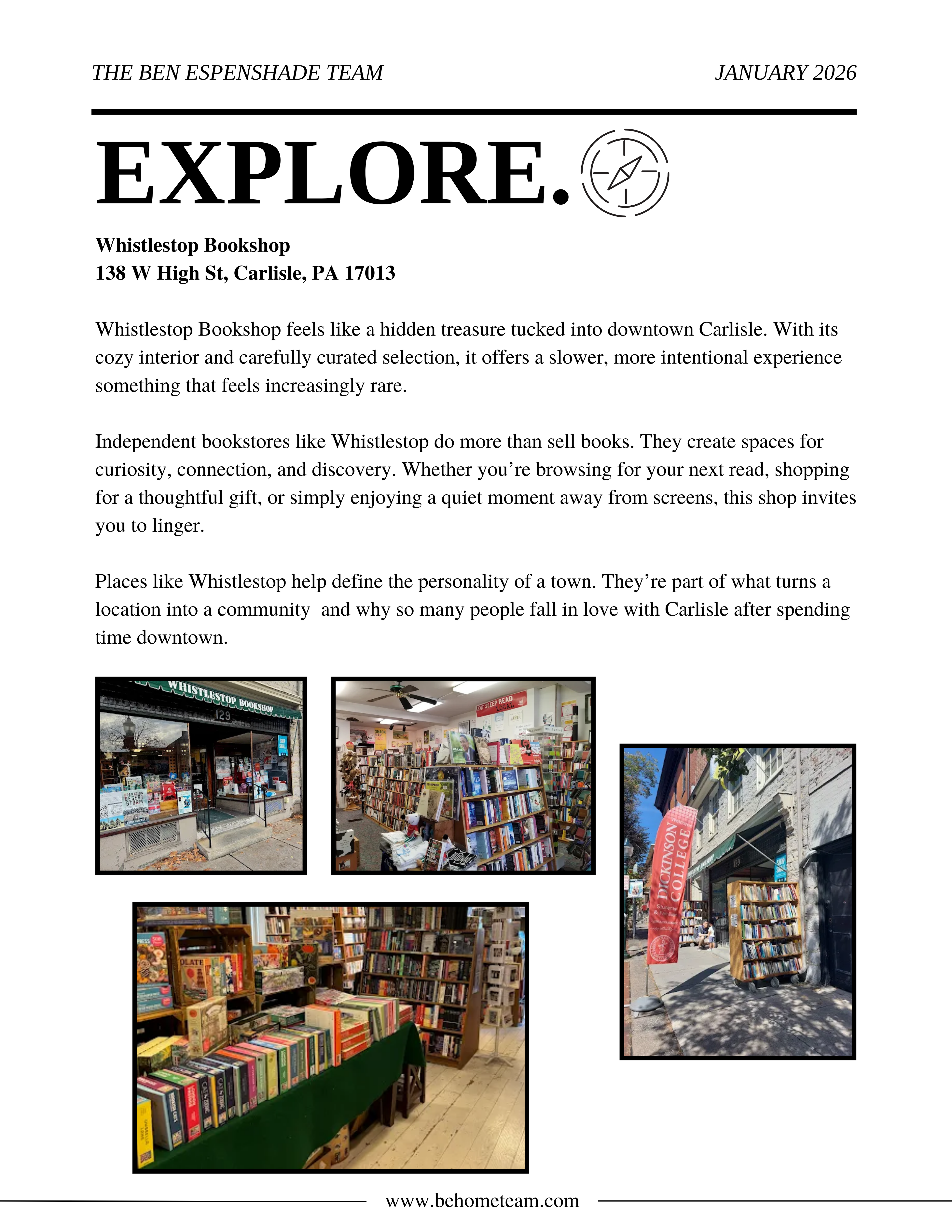 January 2026 Eat Play Explore newsletter highlighting Whistlestop Bookshop in downtown Carlisle, Pennsylvania, a locally owned independent bookstore reflecting the town’s walkable community charm.
