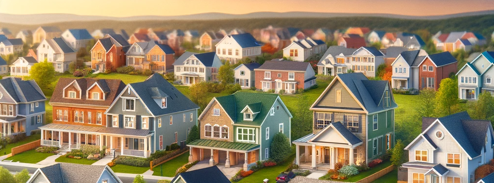 colorful illustration of diverse housing against a sunset