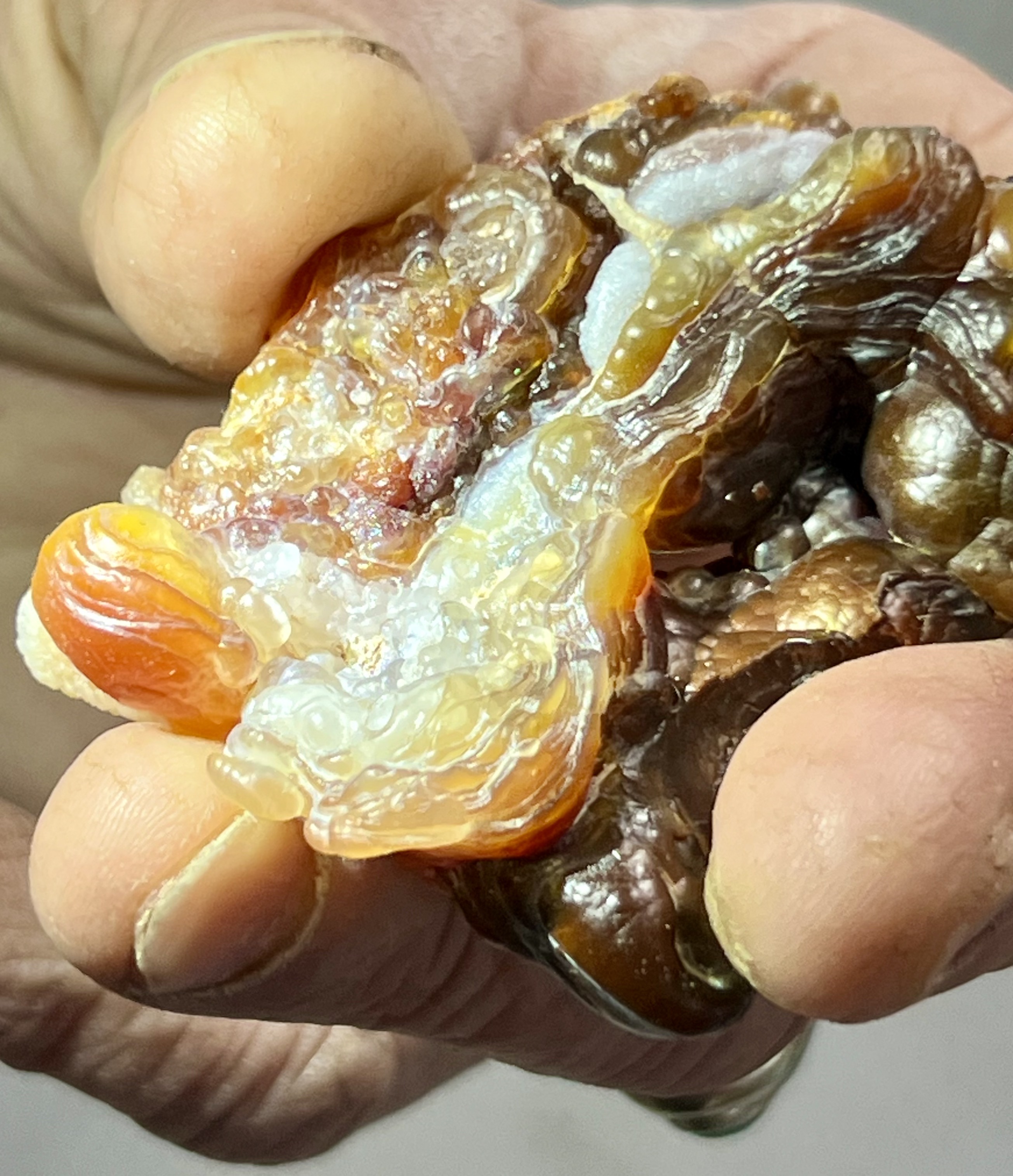 An uncut fire agate, native to AZ, NM, and Mexico.
